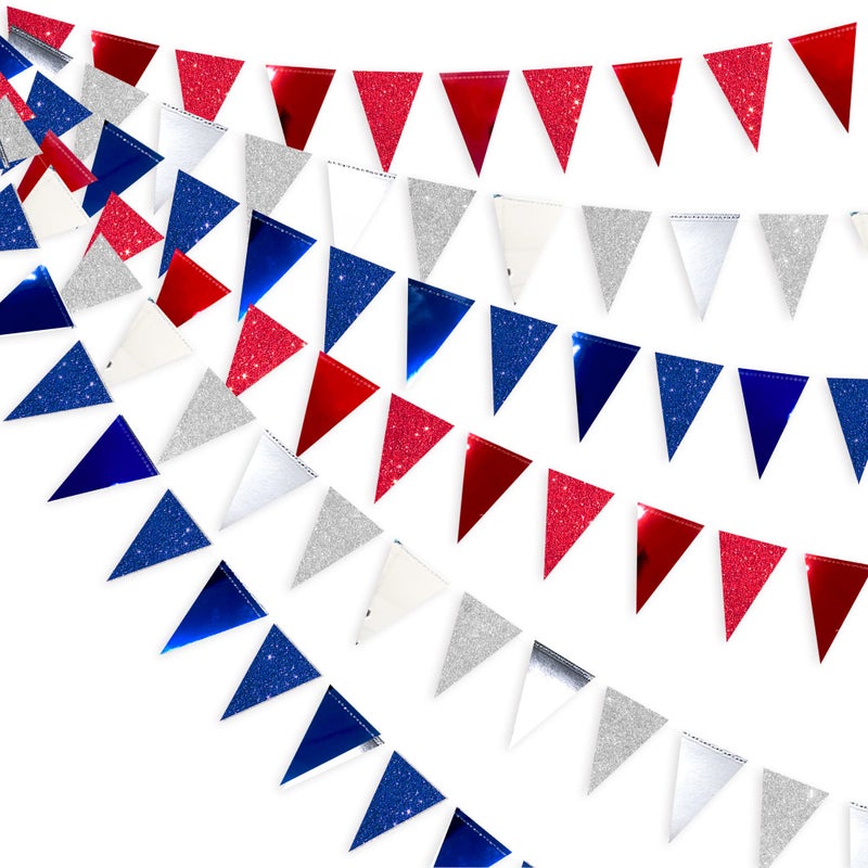 pinkblume 30 Ft Red Silver Blue Triangle Pennant Banner Bunting Hanging Paper Flag Garland for 4th of July American Independence Day USA National Day Patriotic Graduation Wedding Hen Party Decorations Supplies - Image 1